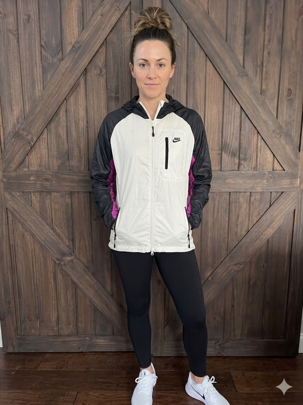 Nike Women's White, Black & Purple Lightweight HoodedJacket - Size Medium